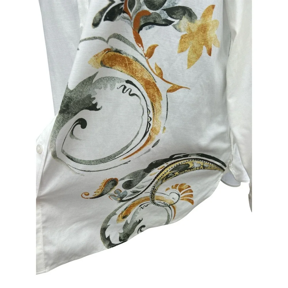 Chico's Size 3 US 16 White Watercolor Floral Button Down Shirt Artsy Boho Top